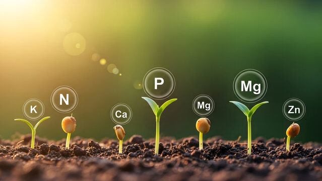 Row of young seedlings growing in soil with nutrient symbols above them in a sunny outdoor setting with a shallow depth of field and warm tones.