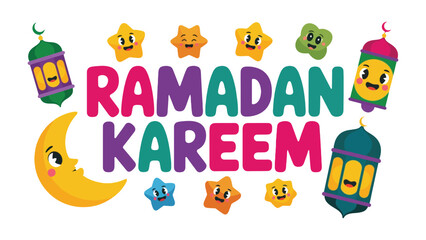 Ramadan Kareem: A vibrant illustration that captures the essence of Ramadan, featuring the iconic crescent moon, festive lanterns, and playful stars.