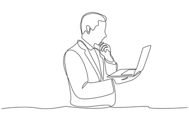 Continuous one line drawing of businessman analyzing information on a laptop, single line art.