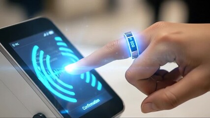 Person uses futuristic smart ring to confirm transaction on screen - Powered by Adobe