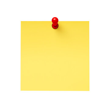 Blank yellow square post it note pinned with a red pushpin for important office announcements or reminders isolated on transparent background