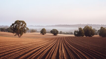 sedition. Early morning farmland with straight furrows under misty golden light. travel magazines, destination branding, designed for travel destination branding, used by ngo communicators.