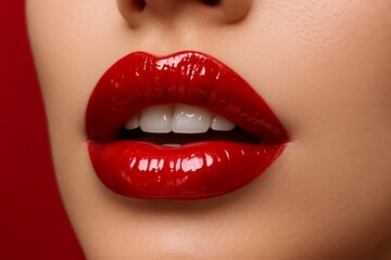 Fototapeta premium Close-up of glossy red lips with perfect white teeth on a smooth face, symbolizing beauty and sensuality in modern makeup trends. Ai generative