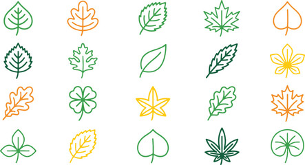 Colorful Leaf Line Icon Set for Eco Branding, Autumn Lifestyle, and Sustainable Design