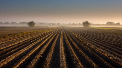 sedition. Early morning farmland with straight furrows under misty golden light. travel magazines, destination branding, designed for travel destination branding, used by ngo communicators.