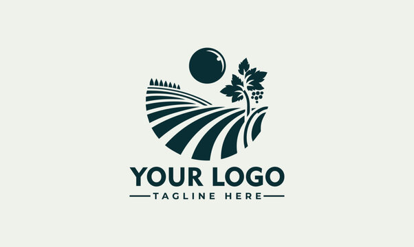 A logo design featuring a stylized vineyard landscape with a field and leafy plant, set against a simple background with a circular element, intended for branding purposes.