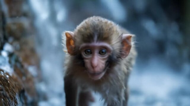 Curious infant monkey clings to slick rocks beside a cascading waterfall damp fur glistening softly