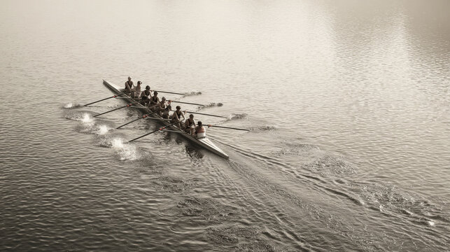 Rowing team in action on a calm lake, sepia toned for a classic look. A team of rowers works in unison to propel their boat across the water, creating a beautiful display of teamwork and athleticism