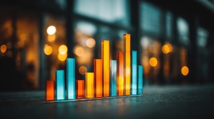 Glass Bar Graph with Orange and Teal Bars on Dark Surface with Bokeh Background