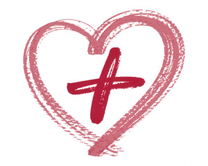 Pink chalk heart outline with red cross inside on transparent background black background