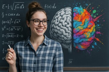 Woman smiling in front of chalkboard showing brain hemispheres with math formulas and colorful art representing logic and creativity concept. Ai generative