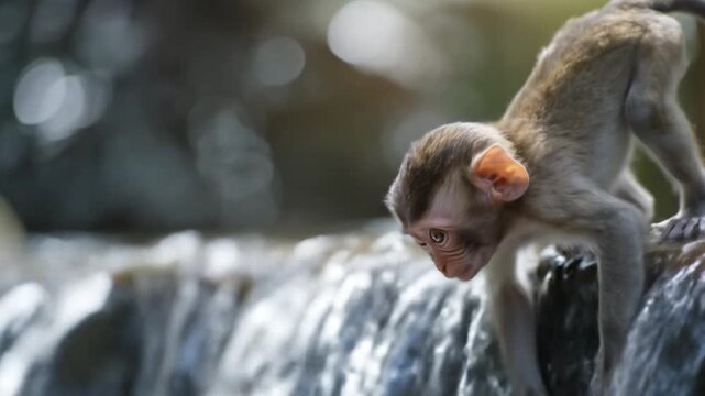 A macaque balances on a slick rock ledge above a roaring waterfall, alert, curious, agile, wary!!!