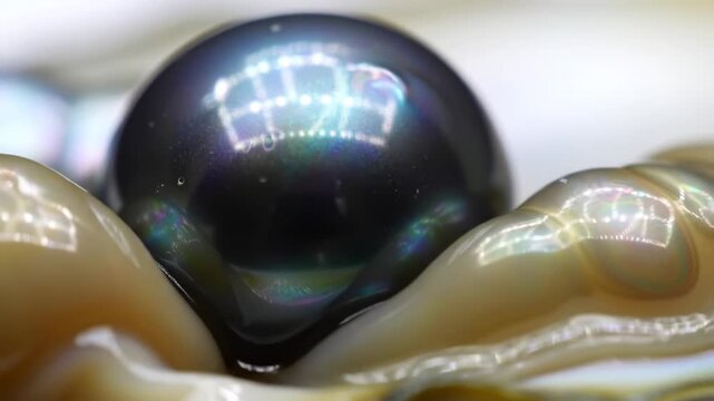 Black pearl inside oyster shell reflecting light, close-up, texture and luxury use