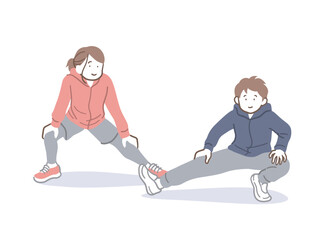 ストレッチをする男性と女性のイラスト素材