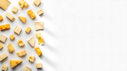 Assorted cheese chunks on white background, dairy products, gourmet food