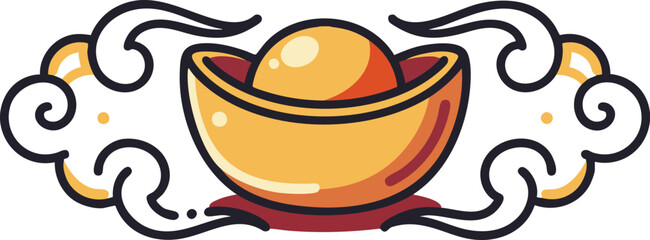 Stylized Chinese gold ingot surrounded by flowing lucky clouds, perfect for Lunar New Year greetings, prosperity banners, festive packaging, and Asian celebration designs