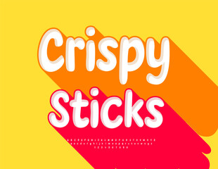 Vector Bright logo Crispy Sticks. Playful Font with Big Red Shadow. Creative Alphabet Letters and Numbers set.