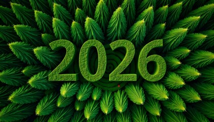Aerial view of green forest with 2026 and Earth icon for environmental awareness, sustainability goals, and climate change action, happy new year and environment day, carbon reduction to net zero.