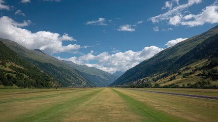 Panoramic View of Lush Green Valley with Mountain Ranges under Blue Sky and Scattered Clouds