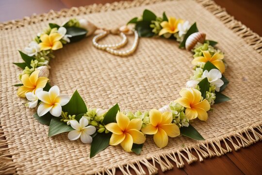 Bunte Blumenkette mit gelben und wei&szlig;en Plumeria-Bl&uuml;ten, tropische Dekoration f&uuml;r Veranstaltungen und Feierlichkeiten