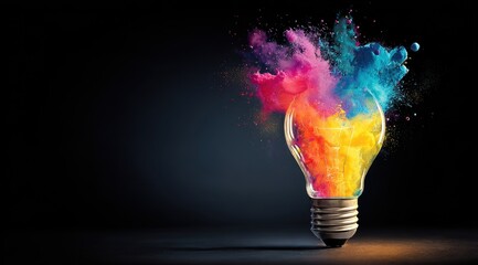 High quality photo of Creative idea concept with light bulb and colorful powder explosion on black background