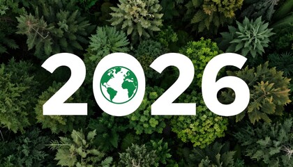 Aerial view of green forest with 2026 and Earth icon for environmental awareness, sustainability goals, and climate change action, happy new year and environment day, carbon reduction to net zero.