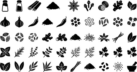 Comprehensive black silhouette icon set illustrating various culinary herbs spices seasonings and ingredients for food preparation design projects