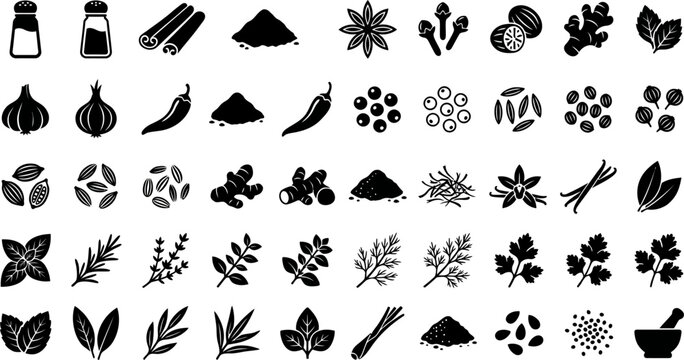 Comprehensive black silhouette icon set illustrating various culinary herbs spices seasonings and ingredients for food preparation design projects