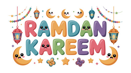 Fototapeta premium Ramadan Kareem Illustration: Festive and colorful Ramadan Kareem illustration with smiling crescent moons, stars, and lanterns, a vibrant design for the holy month celebration. 
