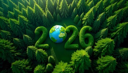 Aerial view of green forest with 2026 and Earth icon for environmental awareness, sustainability goals, and climate change action, happy new year and environment day, carbon reduction to net zero.