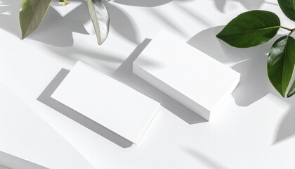 Elegant blank business cards with green leaves on white background