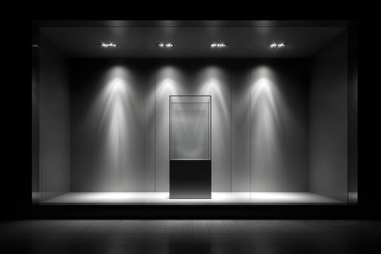 High quality photo of Empty glass display case with spotlights in a minimalist dark gallery or retail store