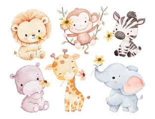Obraz premium Watercolor Illustration Set of Baby Safari Animals with Flower