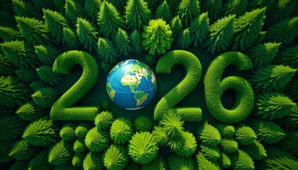 Aerial view of green forest with 2026 and Earth icon for environmental awareness, sustainability goals, and climate change action, happy new year and environment day, carbon reduction to net zero.