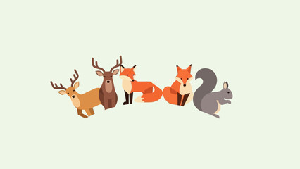 Fototapeta premium Stylized woodland animal illustration featuring deer, foxes, and a squirrel in nature wildlife