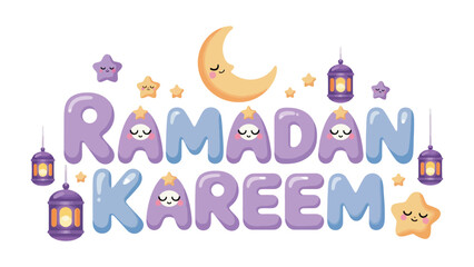 Fototapeta premium Ramadan Kareem: A festive and inviting design celebrating the holy month of Ramadan, featuring a smiling crescent moon, stars and lanterns.