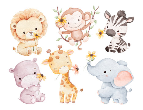 Watercolor Illustration Set of Baby Safari Animals with Flower