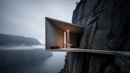 Minimalist Concrete Chapel Built into Cliff Overlooking Foggy Fjord Landscape