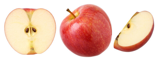 Red apple (Gala Apple), half and slice isolated, transparent PNG, PNG format
