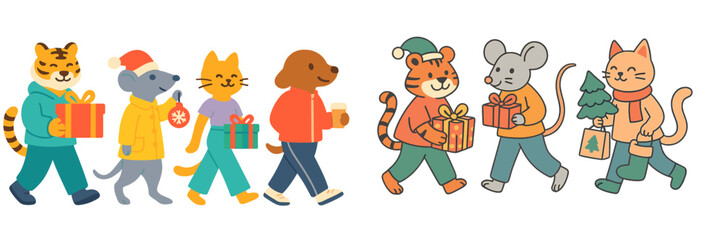 Naklejka premium Cute animals celebrating winter festivities with gifts and decorations