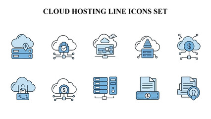 Collection of ten stylized blue and white icons representing essential cloud computing finance security and data management concepts against a black background