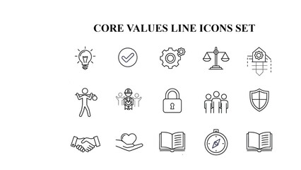 Business concept icons representing core values like ideas teamwork security justice innovation and partnership displayed against a dark background design element
