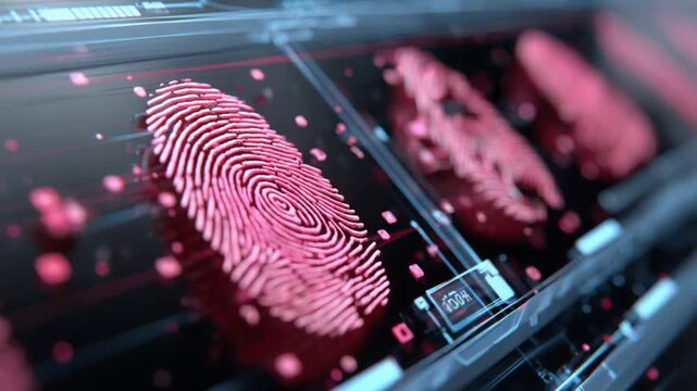 Digital Fingerprint Analysis: A high-tech depiction showcases a digital fingerprint, its intricate patterns highlighted in vibrant hues. This image represents the core of modern identity verification.