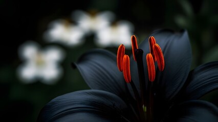 Close up macro shot of a dark purple black lily flower showing detailed orange pollen anthers