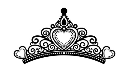 Vector illustration of a tiara with heart-shaped designs and ornate details in a black and white theme © PDWN Creative