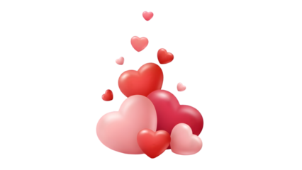 Cluster of red and pink hearts isolated on transparent background