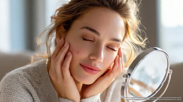 Self-Care Reflection: A serene woman gazes at herself in the mirror with closed eyes, her touch gentle on her face. A moment of self-reflection and tranquility, emphasizing inner peace and well-being.
