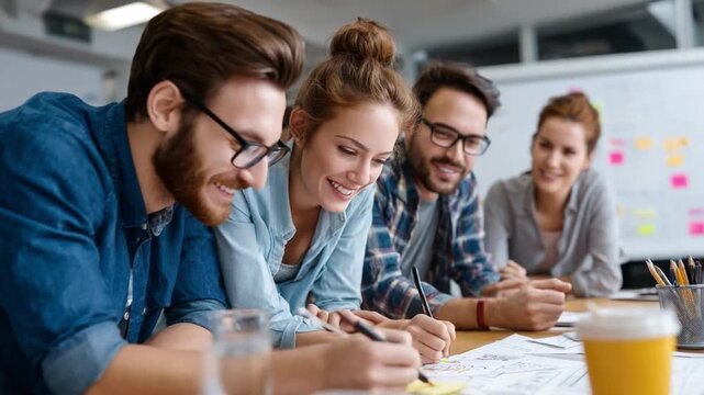 Creative Collaboration: A group of designers gathers around a table in a modern workspace, heads bent in concentration, as they review sketches and plans, discussing their ideas with focused intent. 
