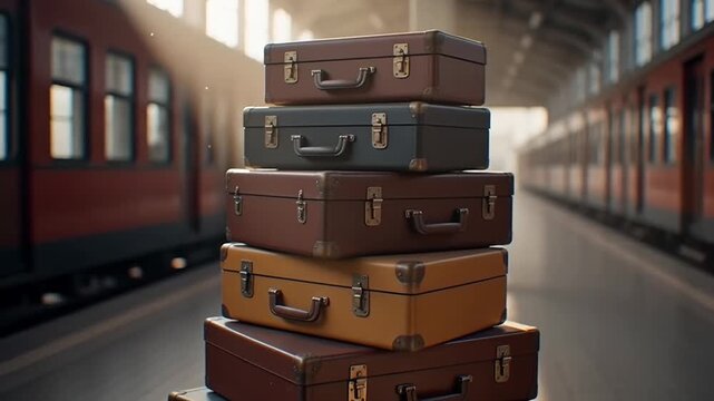 Stacked vintage suitcases in old train station