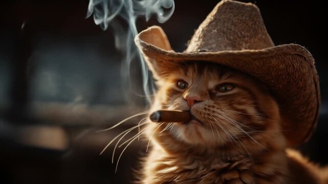 Cat wearing a straw cowboy hat, smoking a cigar as smoke curls in warm light. Gentle, sunlit whimsy